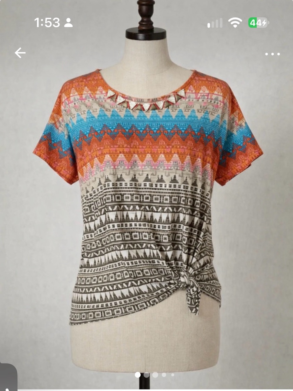 Ruby Rd. Short-Sleeve Aztec Print Top in Orange and Turquoise - Picture 2 of 5